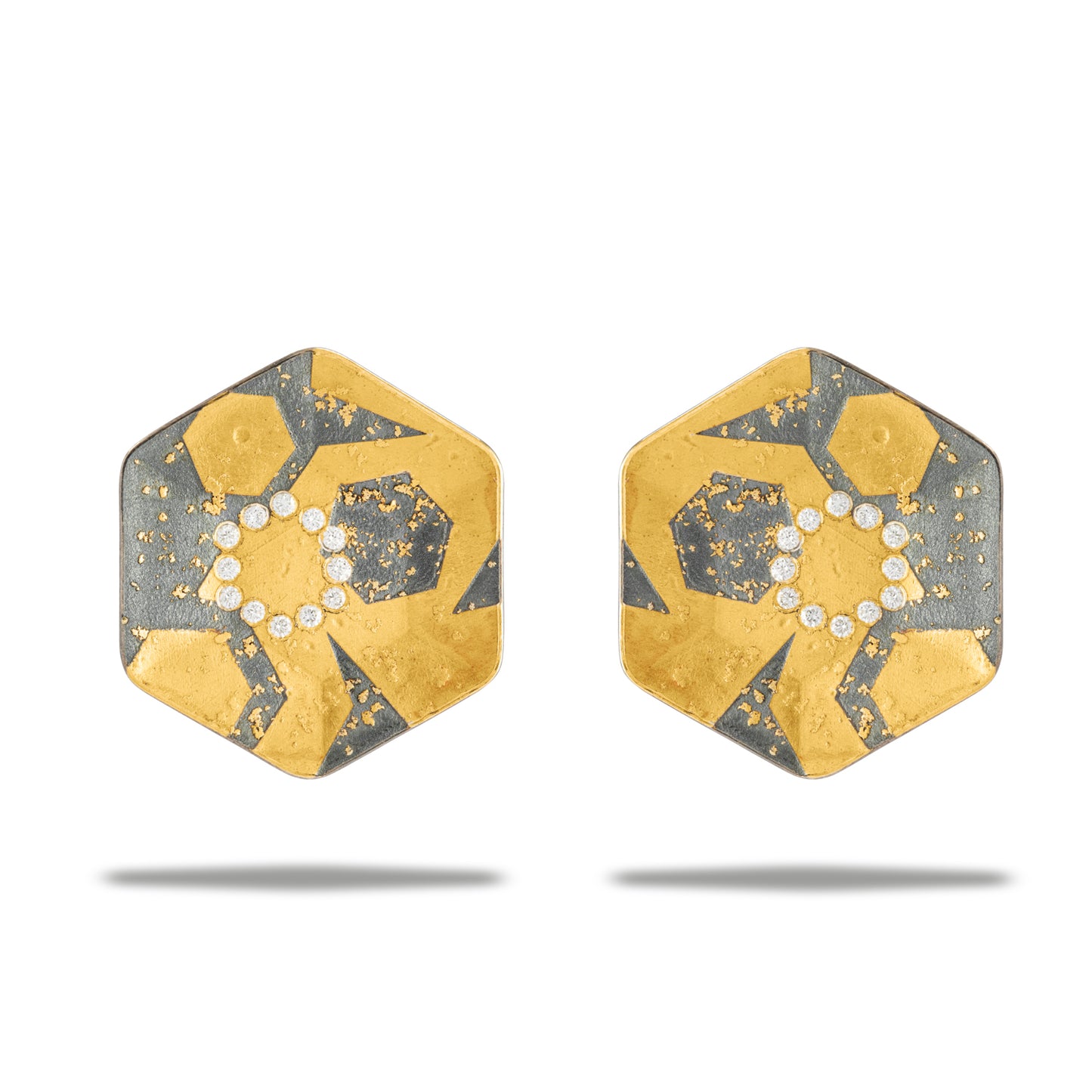 Patterned Hexagonal Earrings - Sterling Silver, 24k Gold and Diamonds