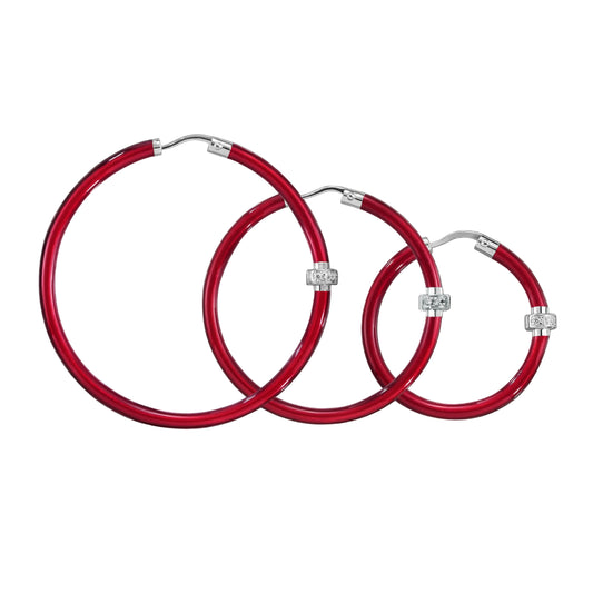 SOHO Sterling Silver and Ruby Red Enamel Hoop Earrings with (0.14 ctw) Diamonds (Large)