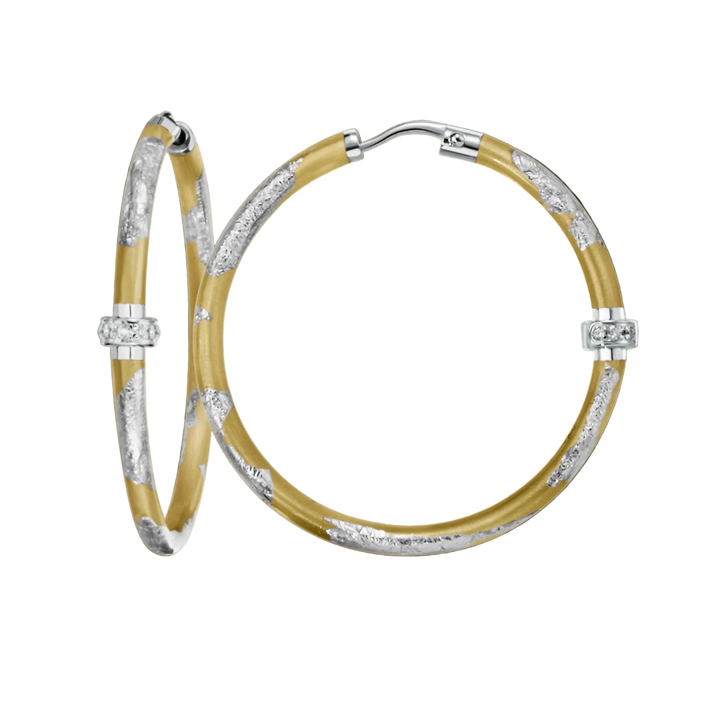 SOHO Sterling Silver and Gold Foliage Enamel Hoop Earrings with (0.14 ctw) Diamonds (Medium)