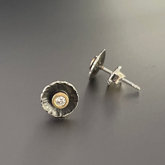 Oxidized Sterling Radiant Studs w/ 18K Yellow Gold Bezels