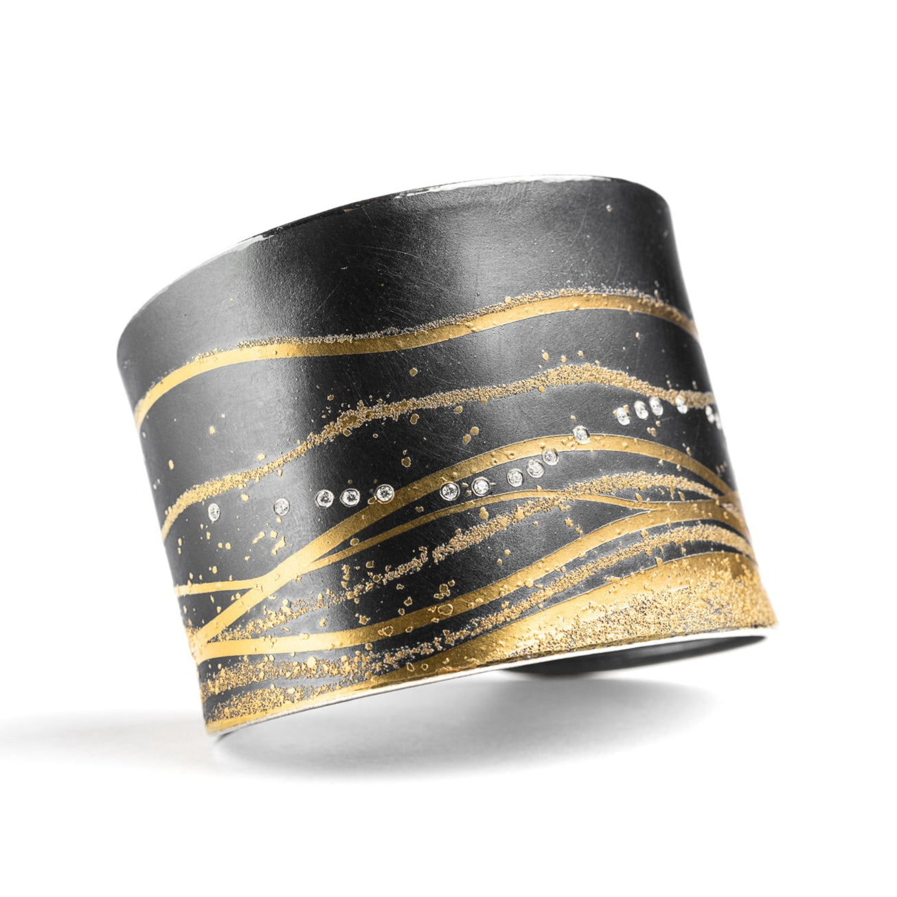 Wide Wave Cuff in Oxidized Sterling Silver, 24k Gold & Diamonds by Atelier Zobel