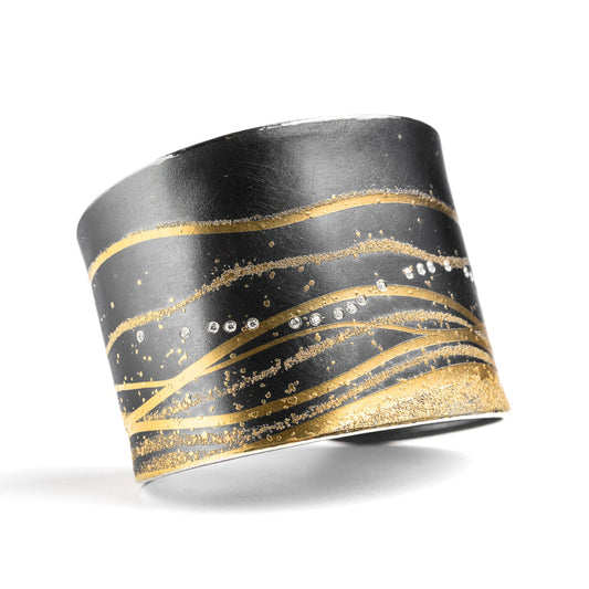 Wide Wave Cuff in Oxidized Sterling Silver, 24k Gold & Diamonds by Atelier Zobel