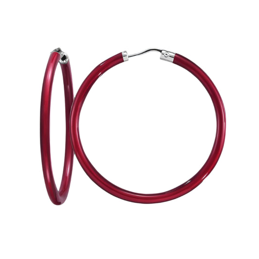 SOHO Sterling Silver and Ruby Red Enamel Hoop Earrings (Medium)