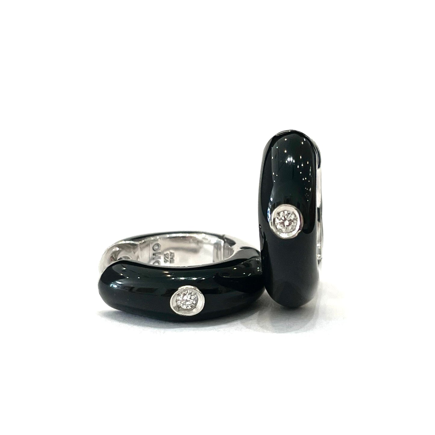 SOHO Sterling Silver and Black Enamel Huggie Earrings with Diamonds (0.06ctw)