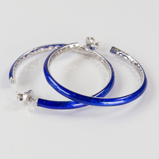 SOHO Sterling Silver and Cobalt Blue Foliage Enamel Post-Style Hoop Earrings with Hammered Detail (Large)