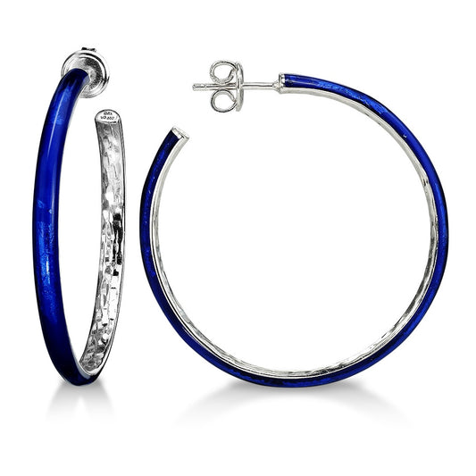SOHO Sterling Silver and Cobalt Blue Foliage Enamel Post-Style Hoop Earrings with Hammered Detail (Large)