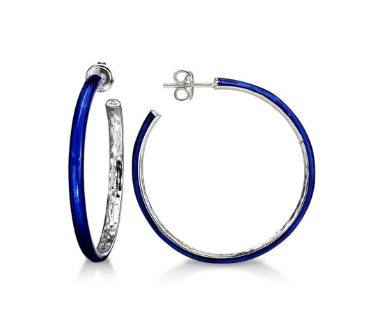 SPECIAL ORDER AVAILABLE - SOHO Sterling Silver and Cobalt Blue Foliage Enamel Post-Style Hoop Earrings with Hammered Detail (Medium)