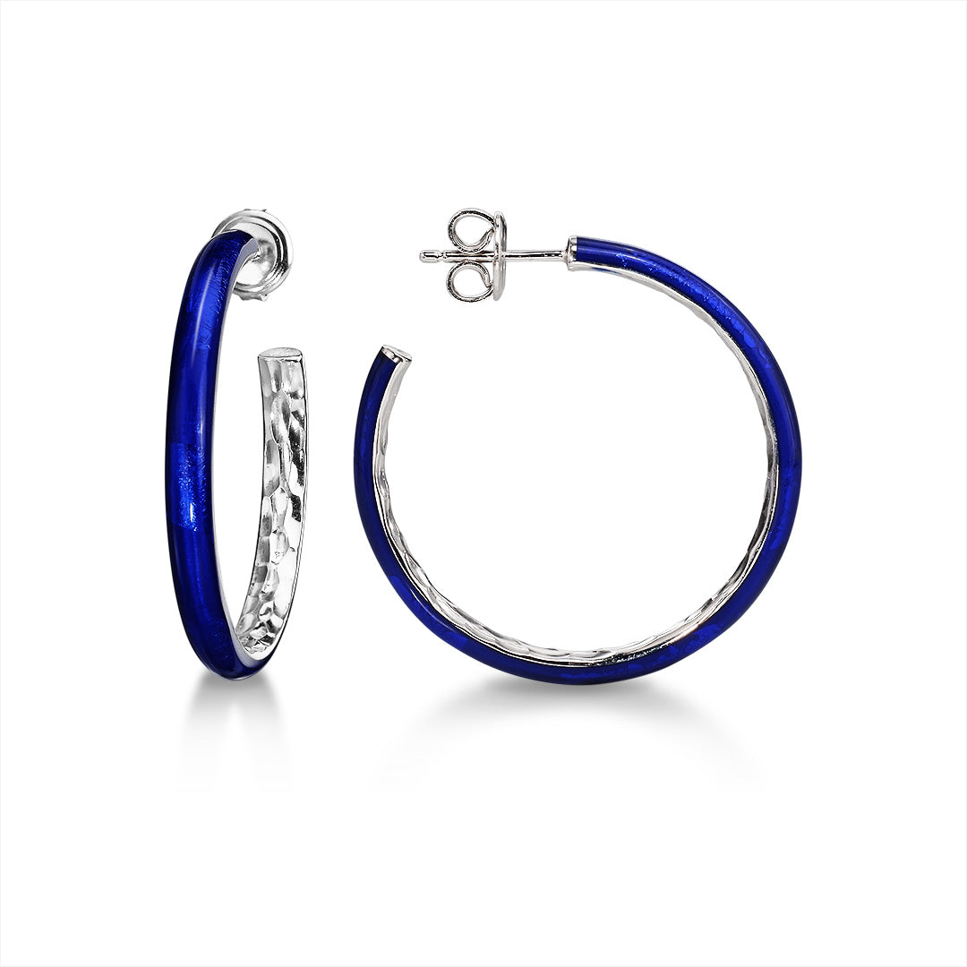 SOHO Sterling Silver and Cobalt Blue Foliage Enamel Post-Style Hoop Earrings with Hammered Detail (Small)