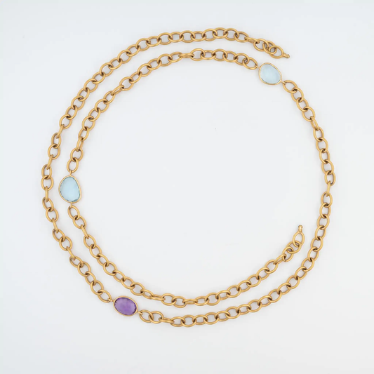 Long 18k PVD Chain with Aquamarines and Amethyst For Vario System, 36"
