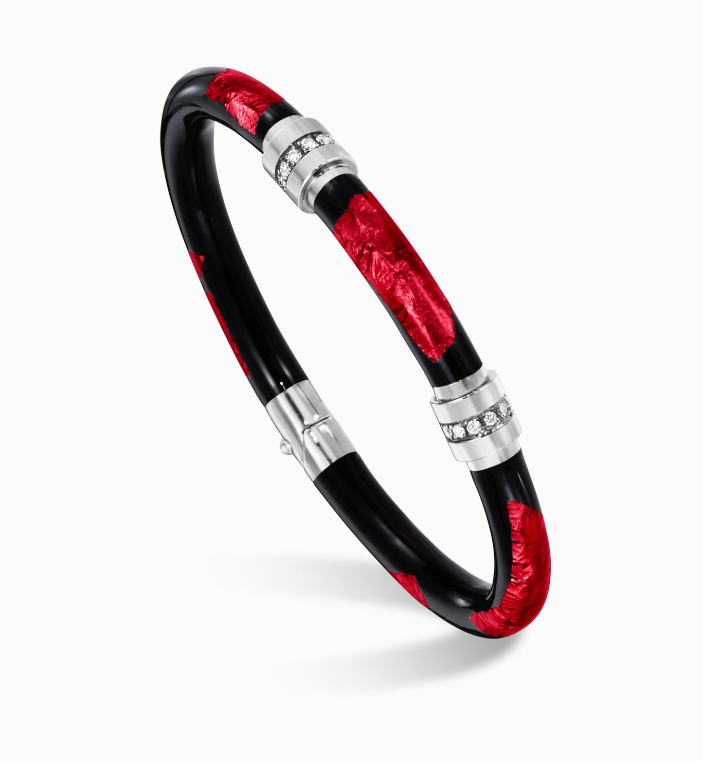 SOHO 5mm Sterling Silver, Ruby Red Foliage Enamel Bracelet with Two Diamond Stations (0.16ctw)