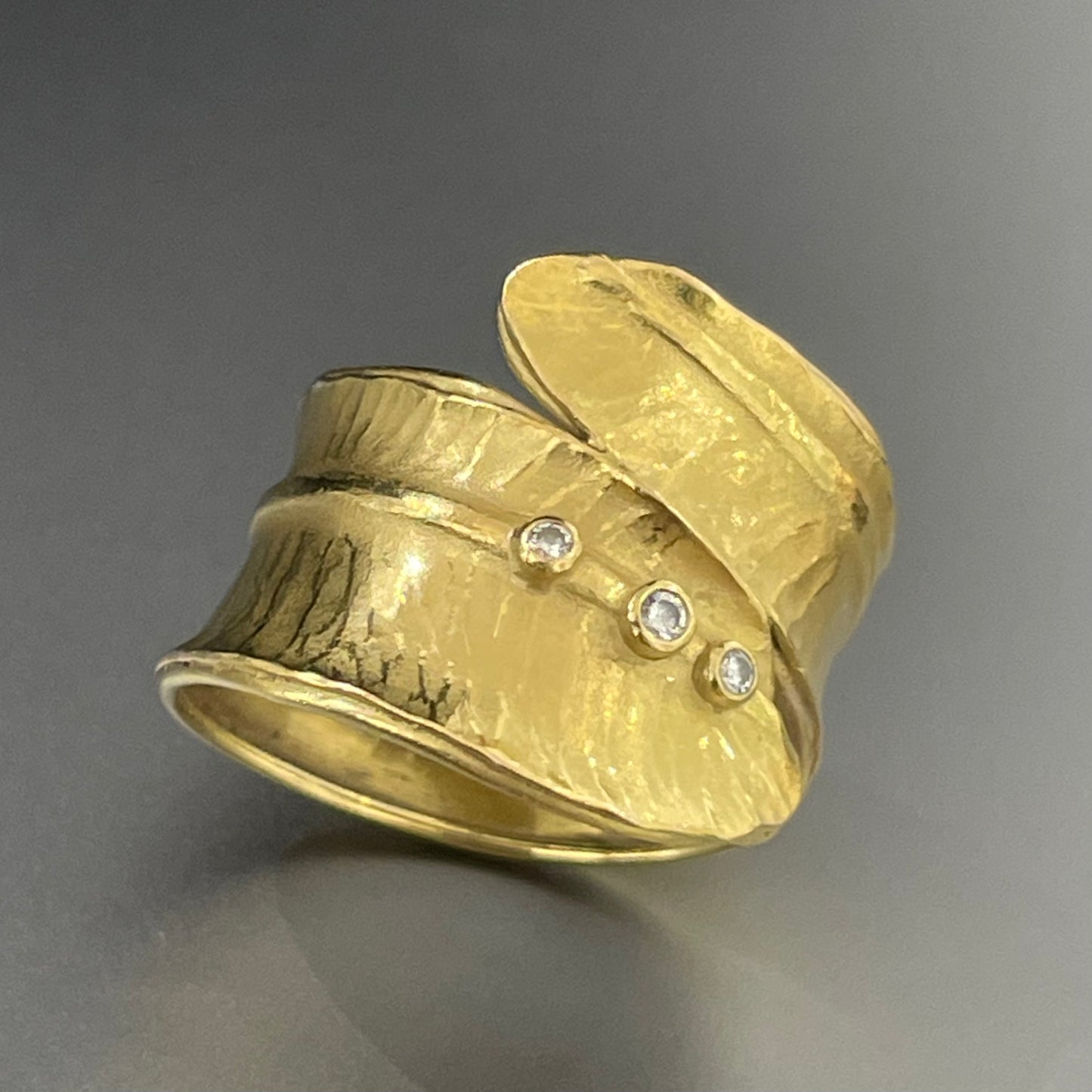18k Feather Wrap Ring with 3 Diamonds