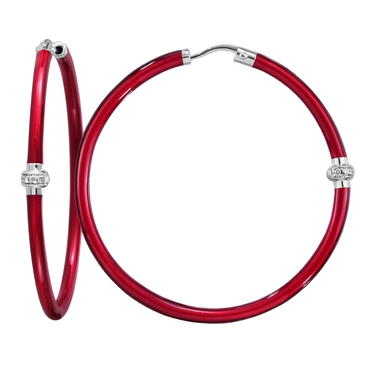 SOHO Sterling Silver and Ruby Red Enamel Hoop Earrings with (0.14 ctw) Diamonds (Large)