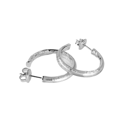SOHO Sterling Silver and Silver Foliage Enamel Post-Style Hoop Earrings with Hammered Detail (Small)