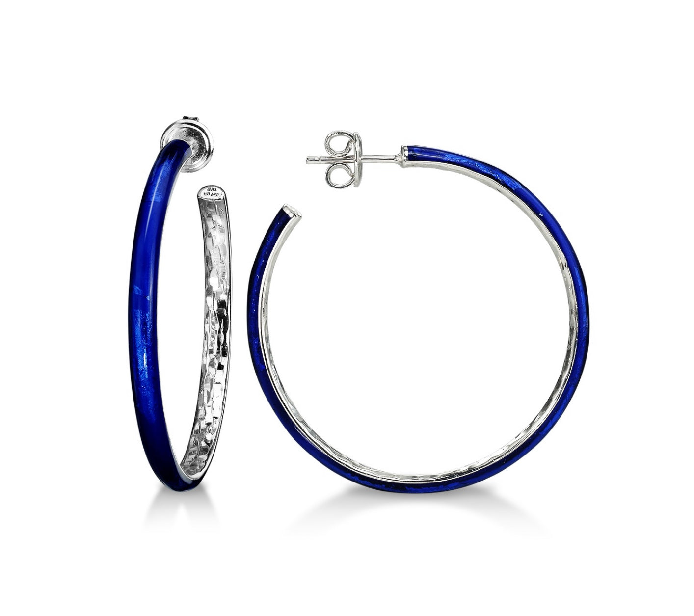 SOHO Sterling Silver and Cobalt Blue Foliage Enamel Post-Style Hoop Earrings with Hammered Detail (Medium)