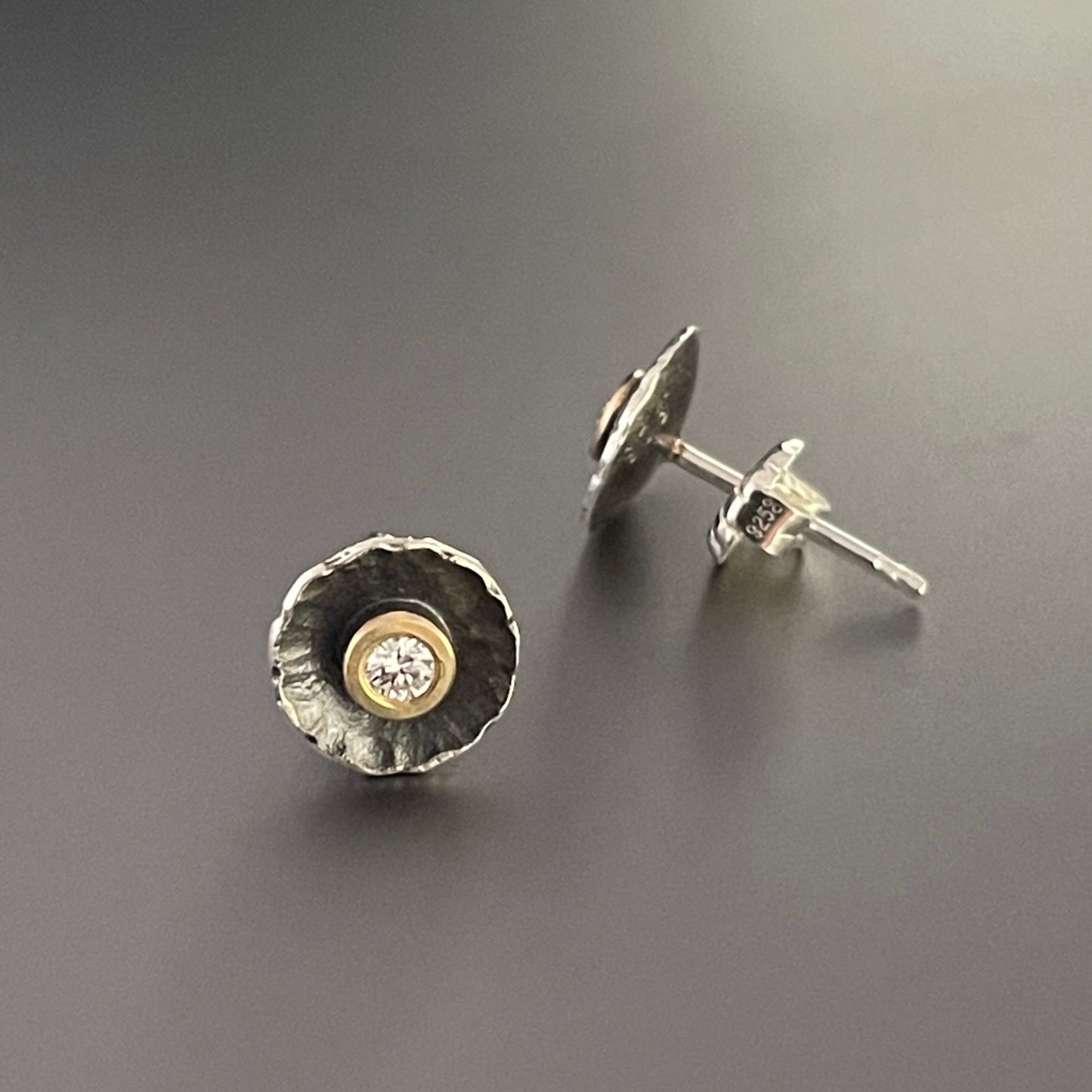 Oxidized Sterling Radiant Studs w/ 18K Yellow Gold Bezels