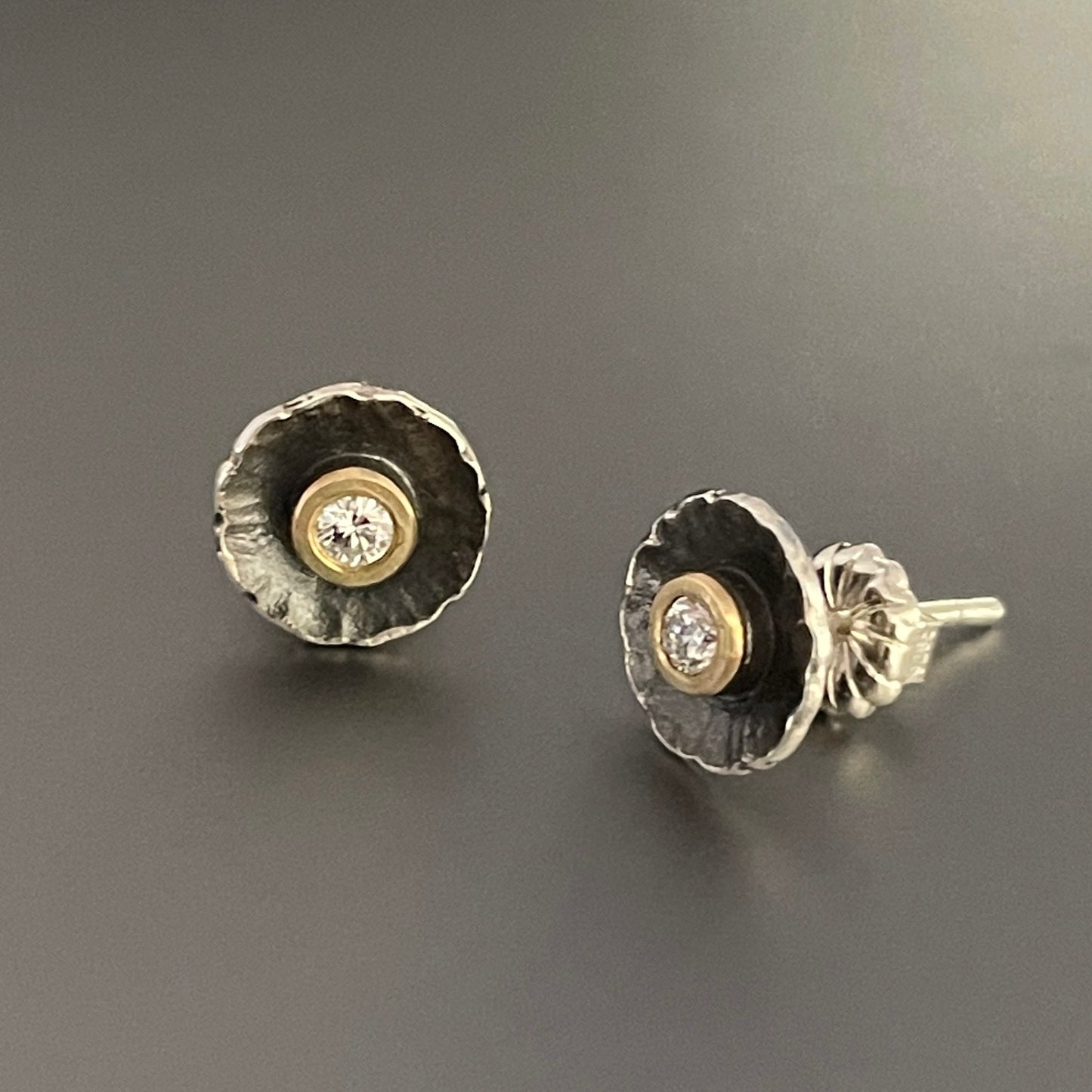 Oxidized Sterling Radiant Studs w/ 18K Yellow Gold Bezels