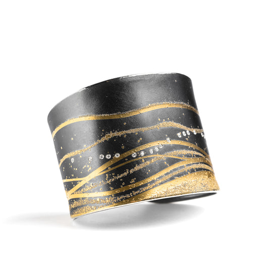 Wide Wave Cuff in Oxidized Sterling Silver, 24k Gold & Diamonds by Atelier Zobel