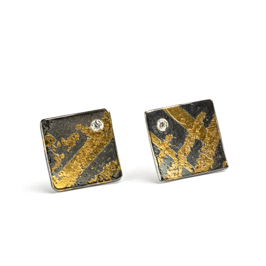 Mixed Metal Square Post Earrings with Diamond Accents by Atelier Zobel