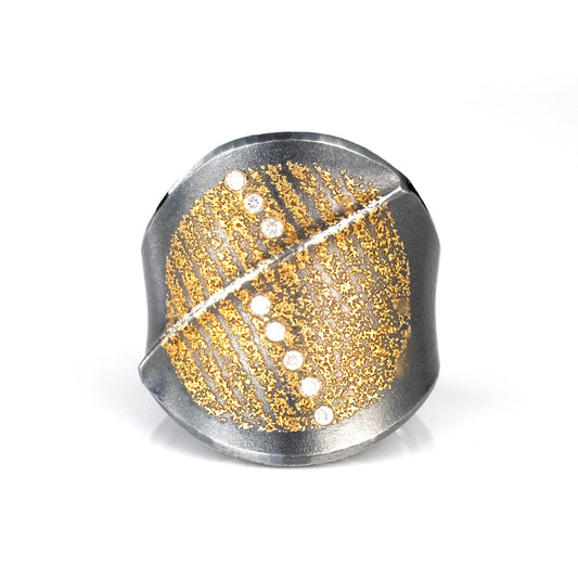Deco Ring in Sterling Silver, 24k and Diamonds