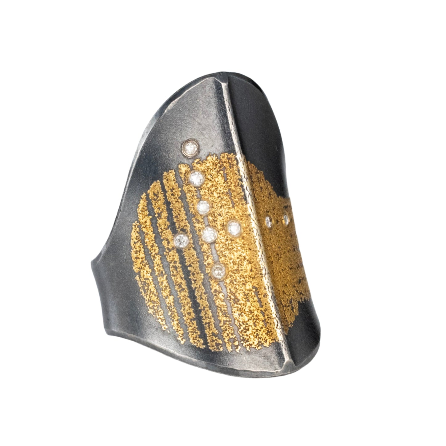 Deco Spline Ring in Sterling Silver, 24k Gold and White Diamonds