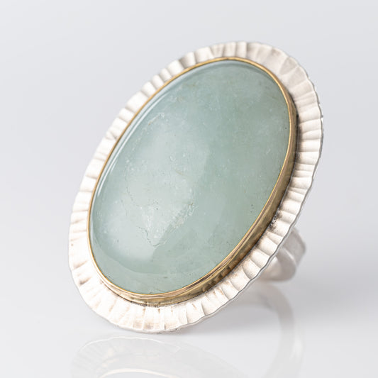 Sterling and 18k Large Aquamarine Cabochon Ring