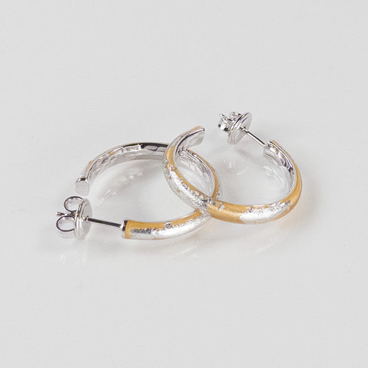 SOHO Sterling Silver and Gold Foliage Enamel Post-Style Hoop Earrings with Hammered Detail (Small)