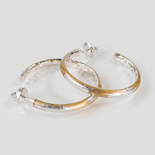 SOHO Sterling Silver and Gold Foliage Enamel Post-Style Hoop Earrings with Hammered Detail (Medium)