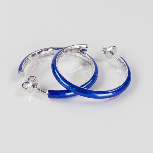 SOHO Sterling Silver and Cobalt Blue Foliage Enamel Post-Style Hoop Earrings with Hammered Detail