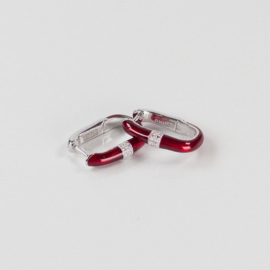 SOHO Sterling Silver and Ruby Red Enamel Huggie Earrings with Diamonds (0.14ctw)