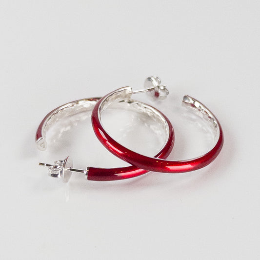 SOHO Sterling Silver and Ruby Red Enamel Post-Style Hoop Earrings with Hammered Detail (Medium)