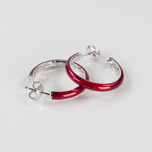 SOHO Sterling Silver and Ruby Red Enamel Post-Style Hoops with Hammered Detail (Small)