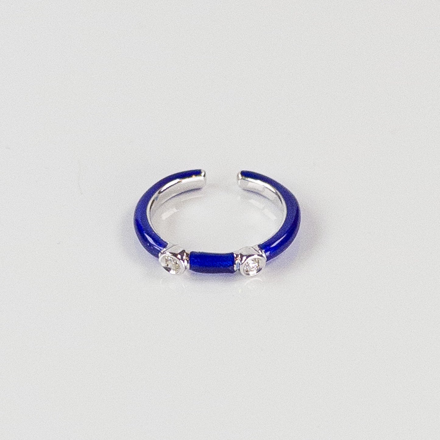 Sterling Silver and Cobalt Blue Enamel Ring with Two Diamonds (0.06tcw), Size 6.5