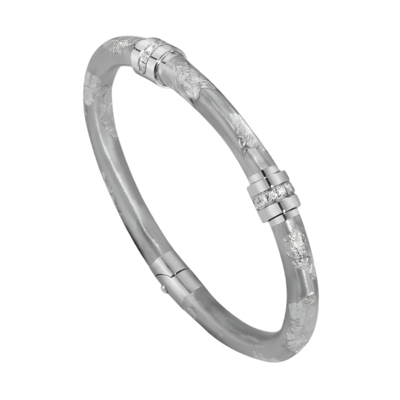 SOHO 5mm Hammered Sterling Silver and Silver Foliage Enamel Bracelet with Two Diamond Stations (0.16ctw)