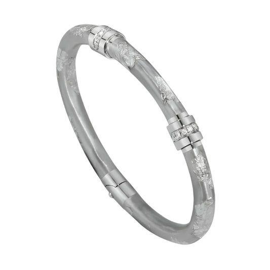 SOHO 5mm Hammered Sterling Silver and Silver Foliage Enamel Bracelet with Two Diamond Stations (0.16ctw)